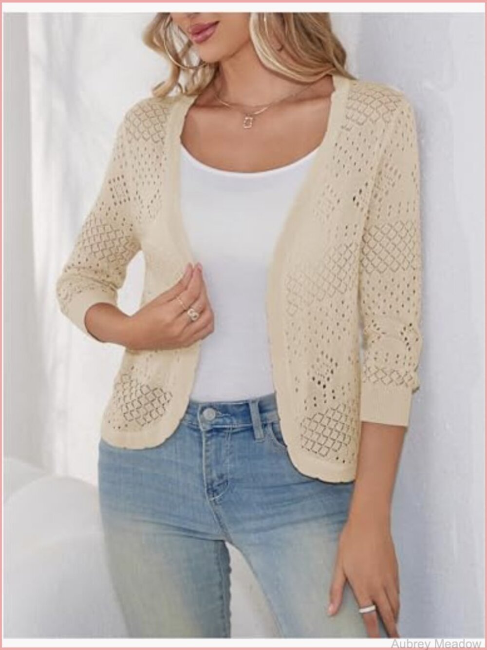 Cropped Cardigan Lightweight Summer Sweater 3/4 Sleeve Open Front Shrug - Picture 3 of 4
